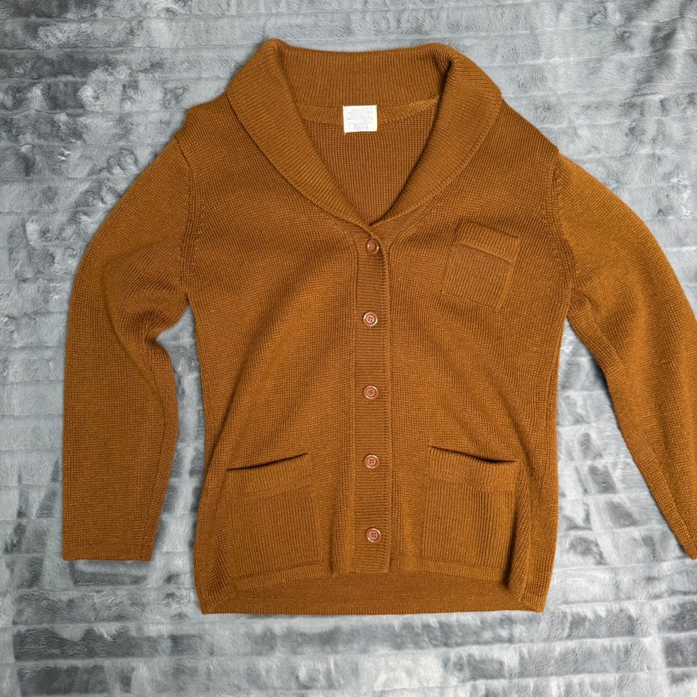 Sears Cardigan Sweater Mens Large Brown Vintage Shawl Collar Acrylic Knit 4396